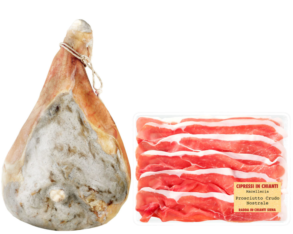 Artisan raw ham whole and sliced in tray from fresh legs of Italian pigs, skilfully processed with salt, pepper, garlic and slowly cured