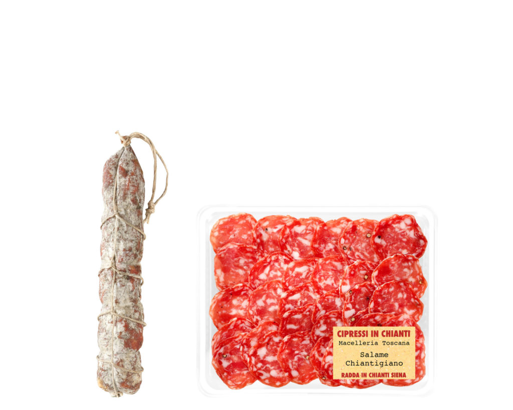 Chiantigiano salami sliced and placed in trays ready to be enjoyed
