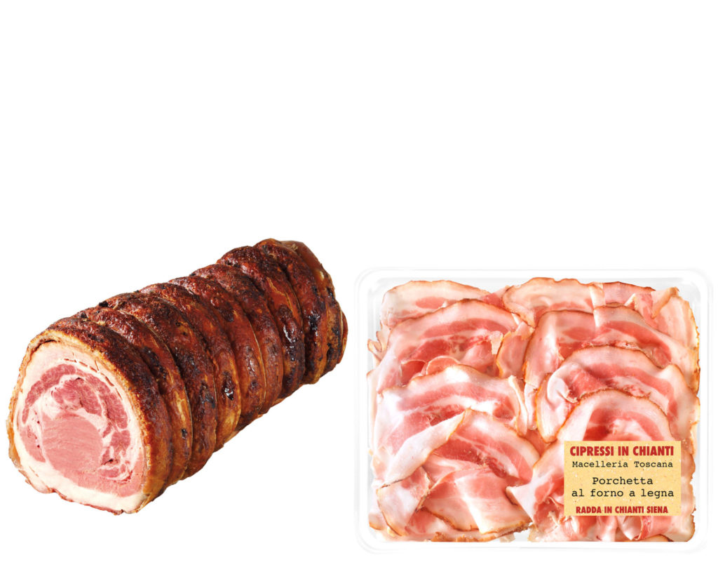 Sliced roasted Tuscan porchetta in tray
